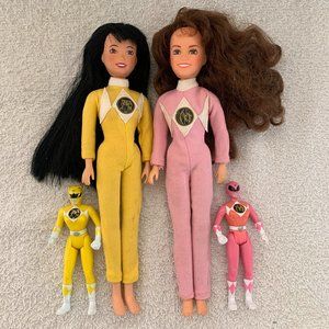 Vintage 90s Mighty Morphin Power Rangers Barbie-type Dolls Figures Pink Yellow